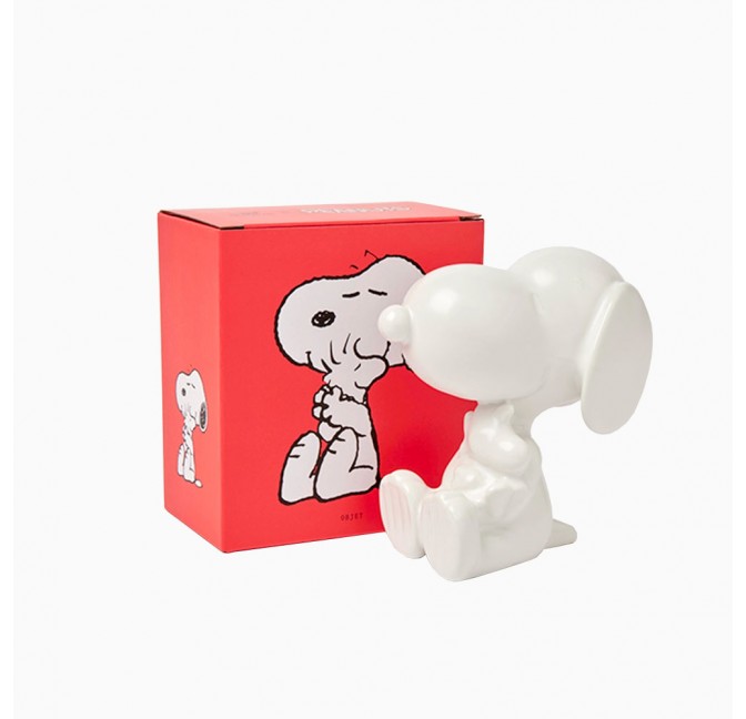 White ceramic Peanuts ornament of Snoopy sitting hugging Woodstock - Magpie at Titlee Store