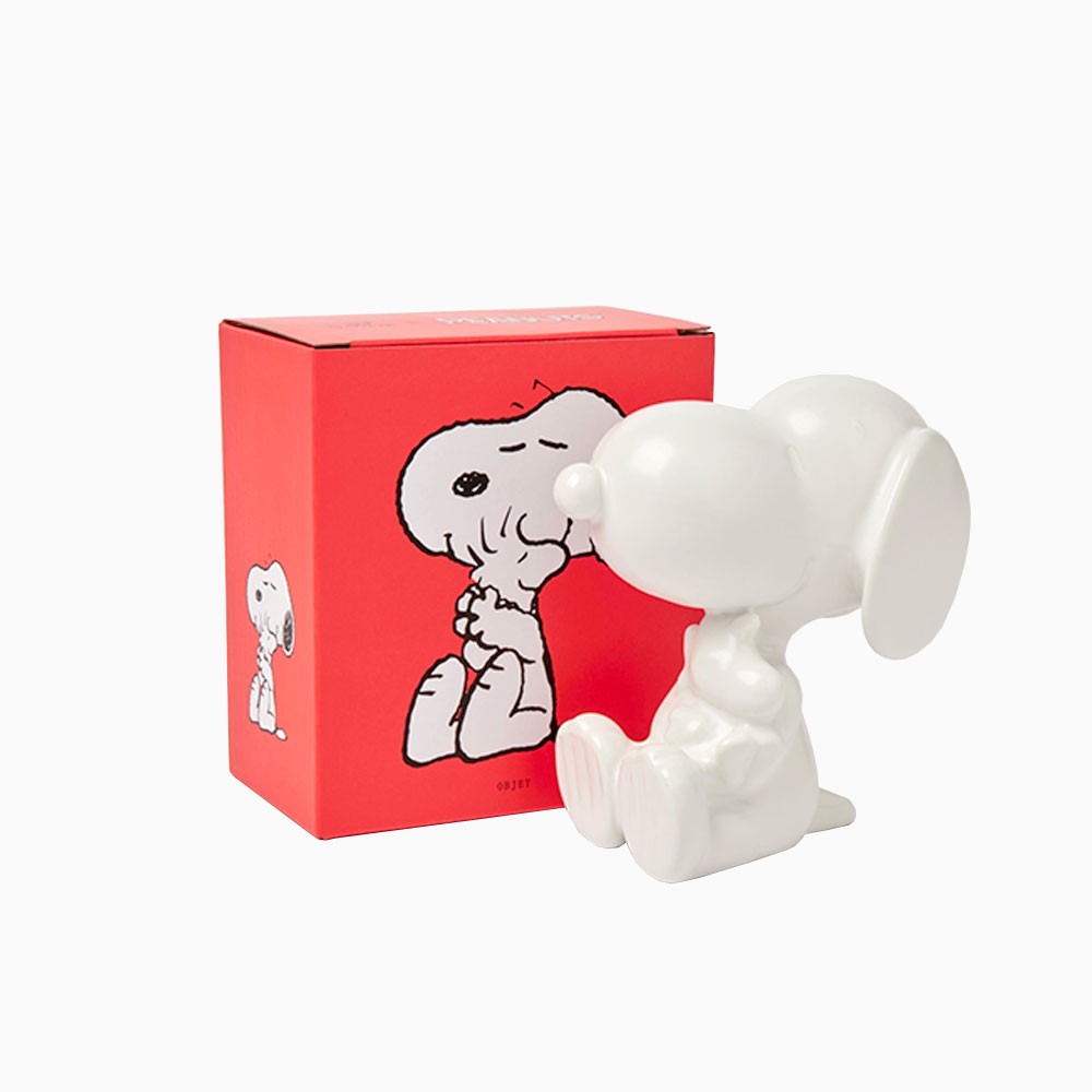 White ceramic Peanuts ornament of Snoopy sitting hugging Woodstock - Magpie at Titlee Store