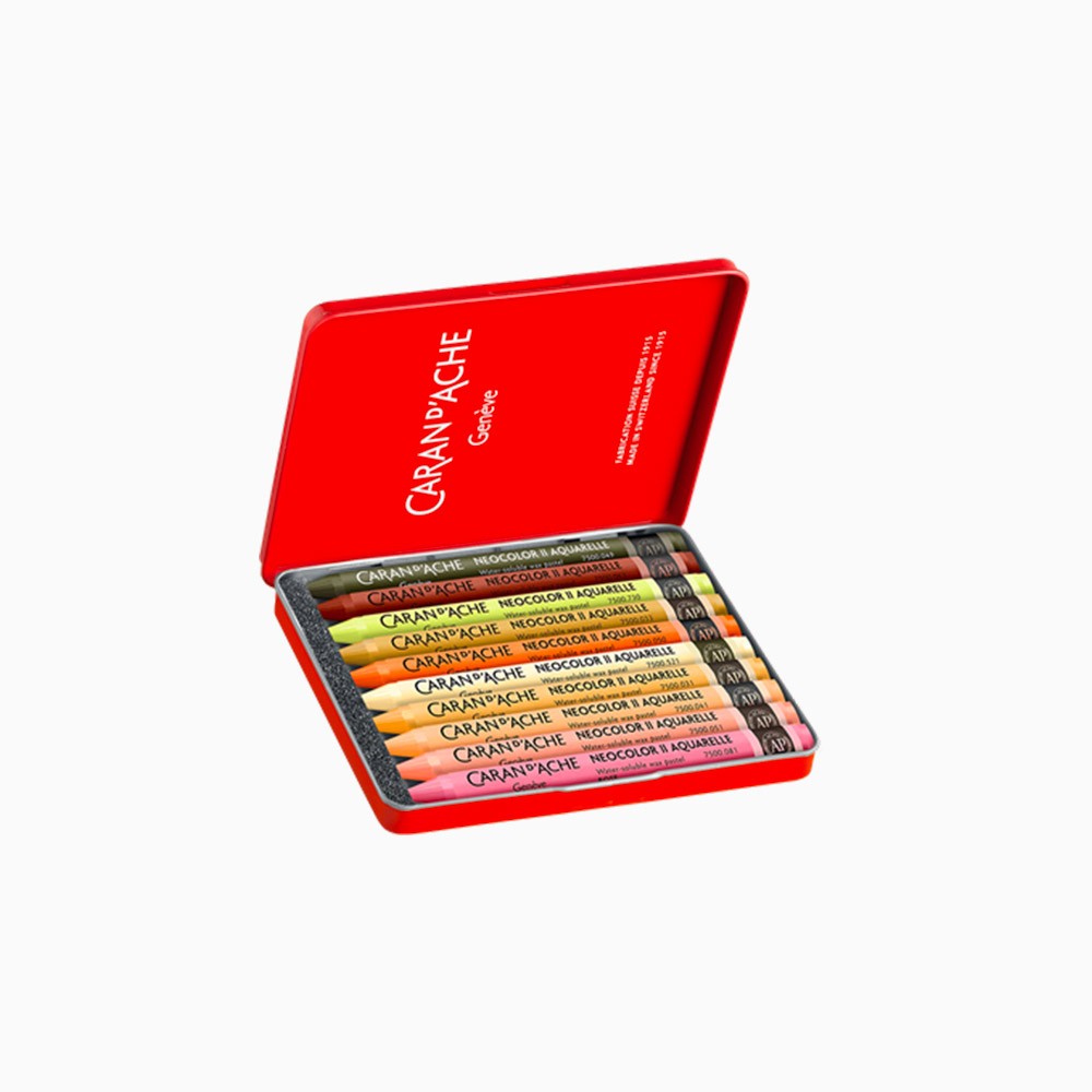 Box of 10 Neocolor II water-soluble wax pastels in warm shades - Limited edition by Beya Rebai