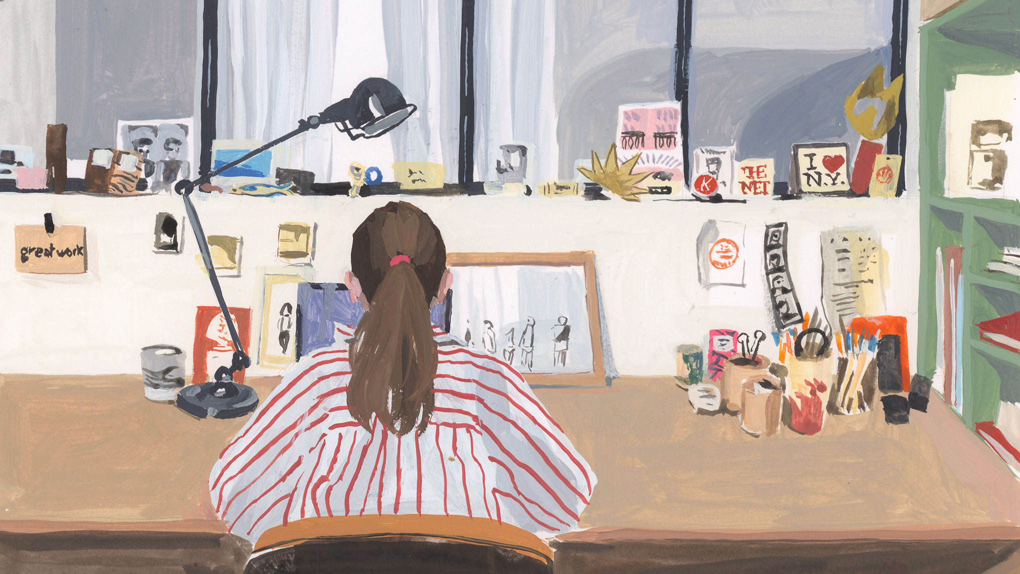 Illustration of a female creator at work in her studio, surrounded by drawings and inspiring objects