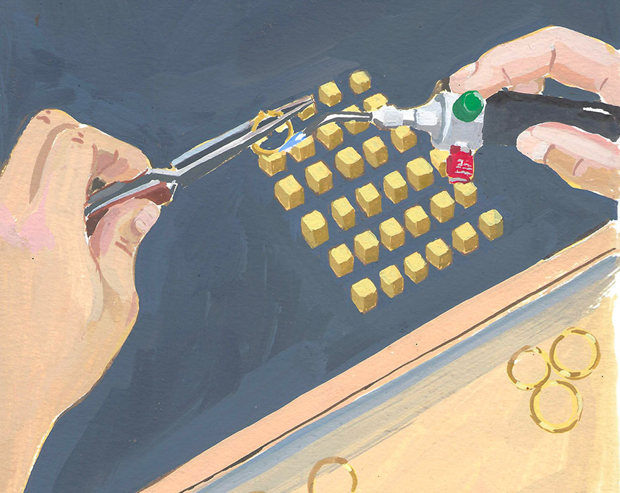 Hands soldering square gilded brass beads