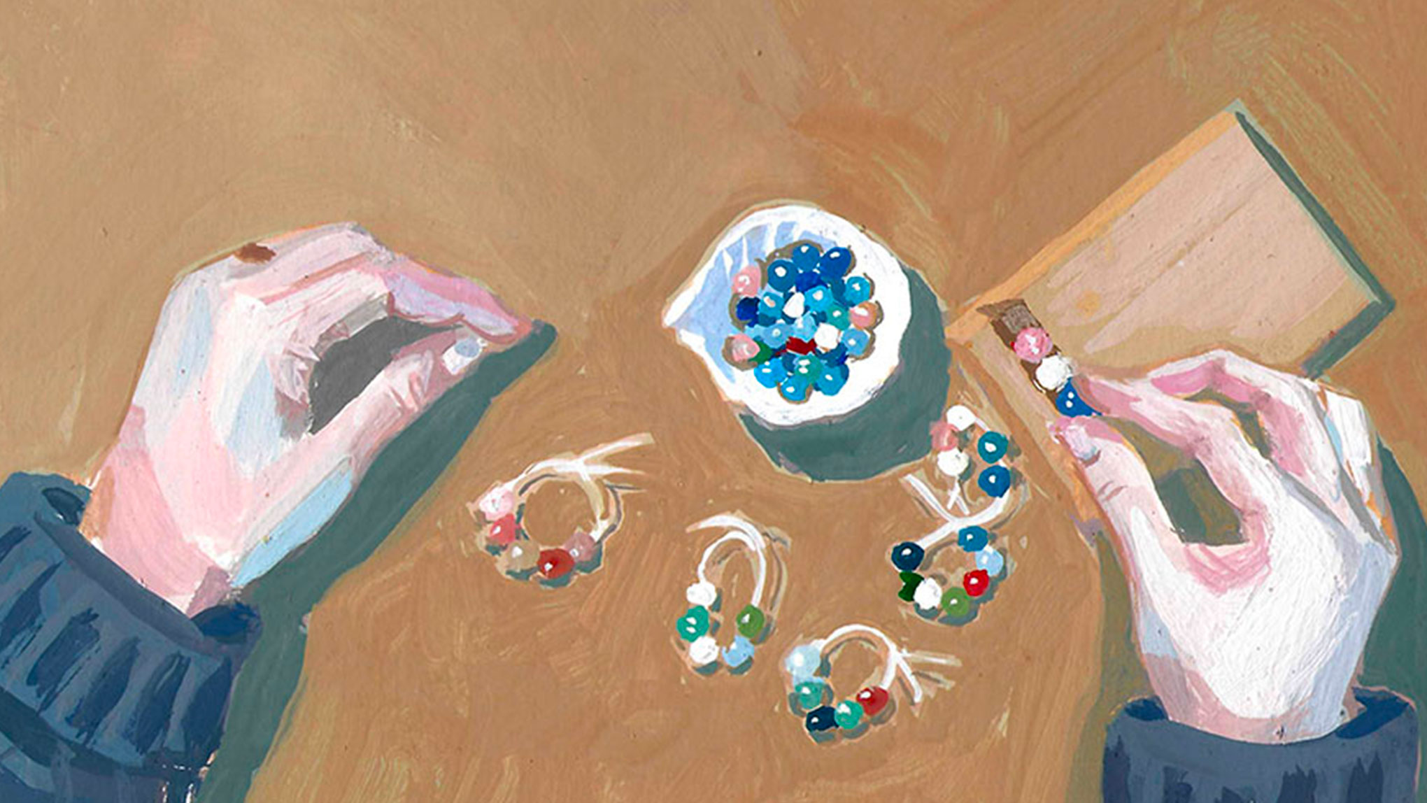 Top view illustration of hands assembling colorful beaded jewelry